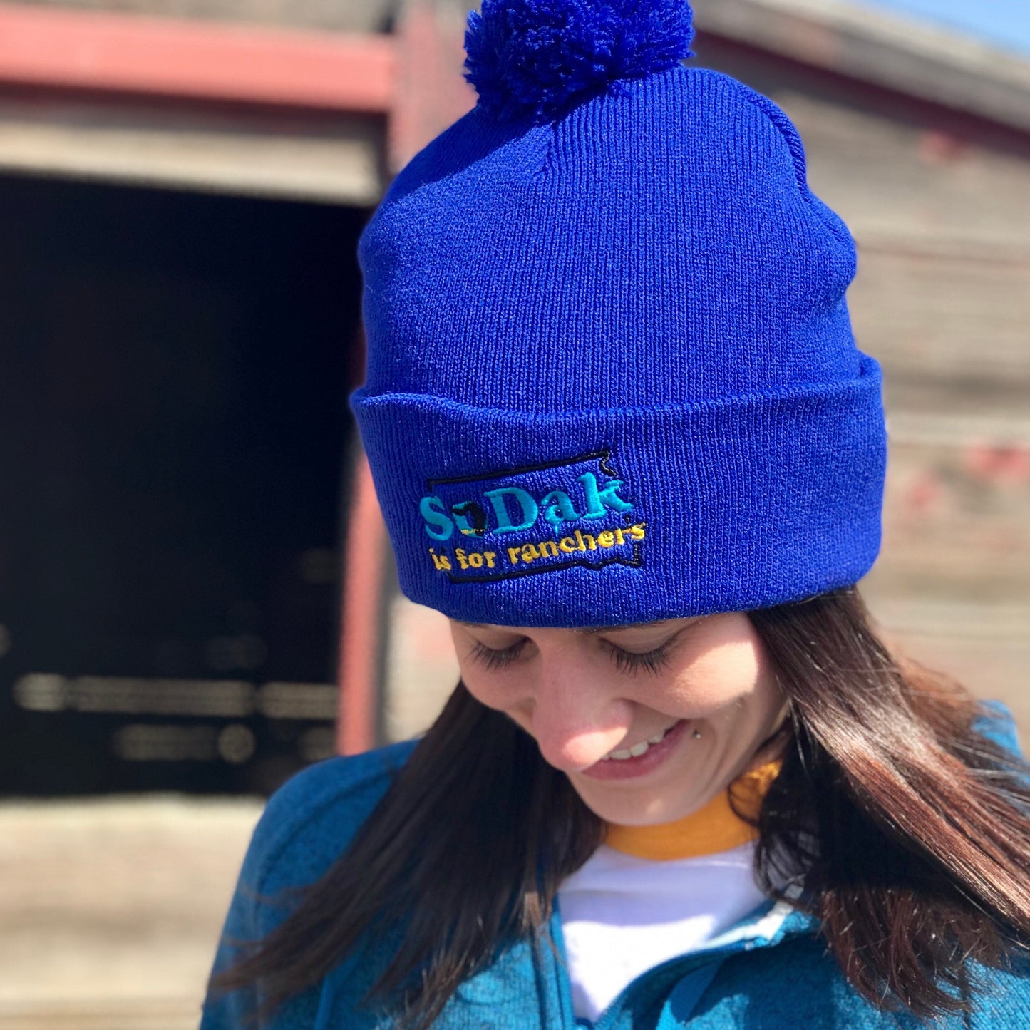 SoDak is for Ranchers Embroidered Blue Pom Pom Beanie