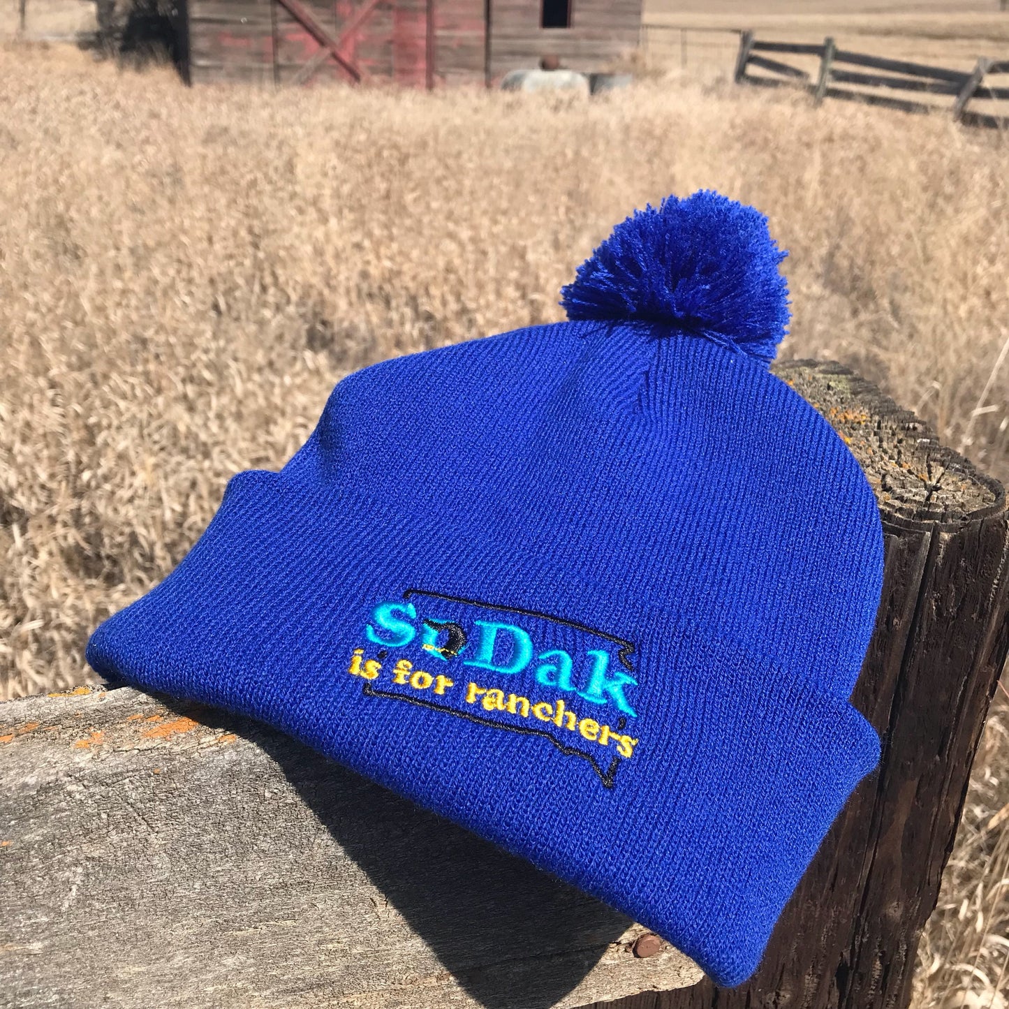 SoDak is for Ranchers Embroidered Blue Pom Pom Beanie