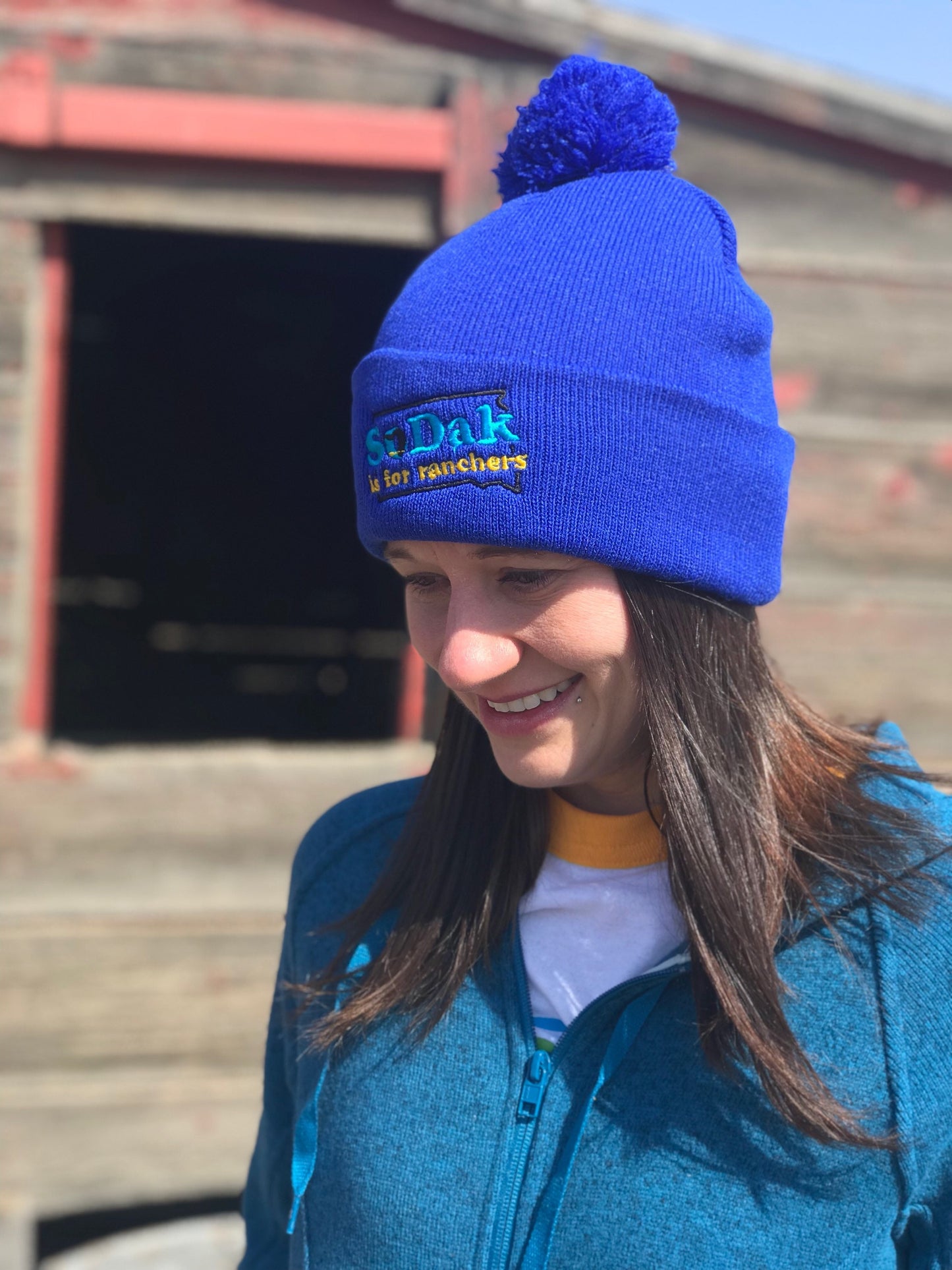 SoDak is for Ranchers Embroidered Blue Pom Pom Beanie