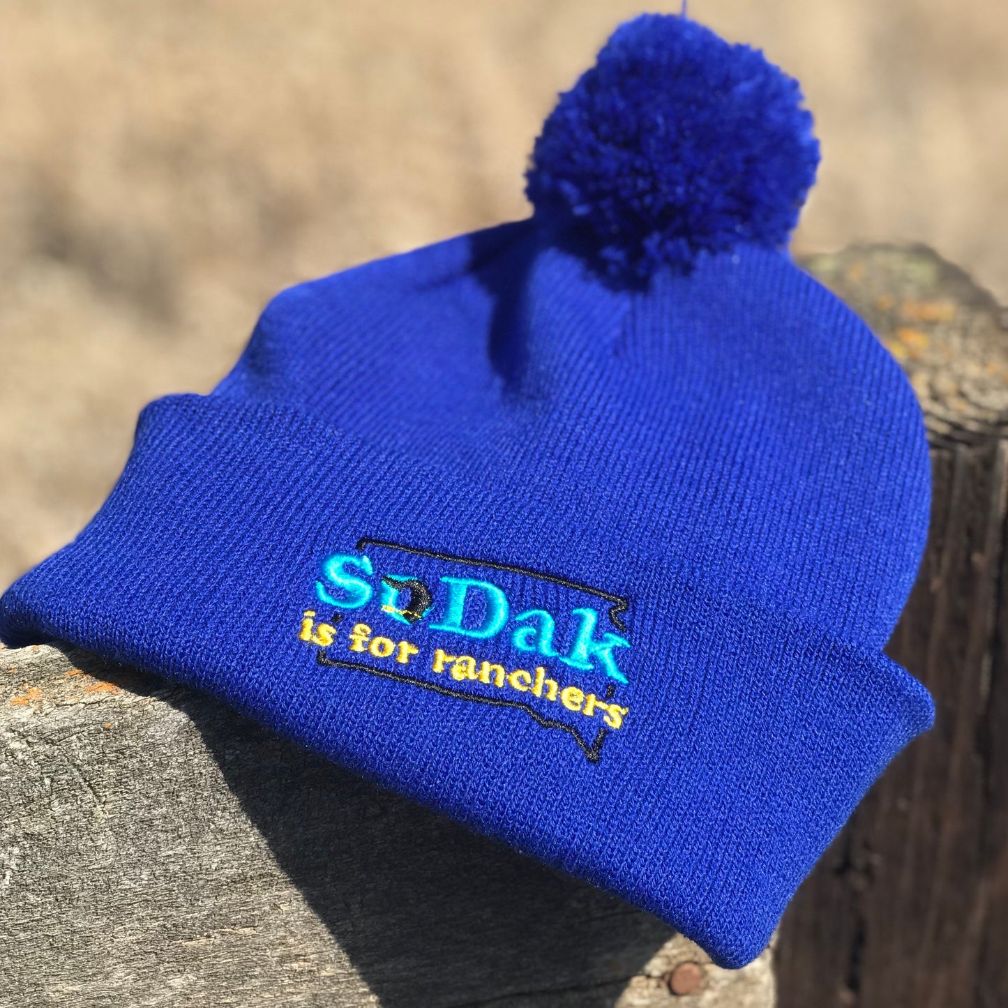 SoDak is for Ranchers Embroidered Blue Pom Pom Beanie