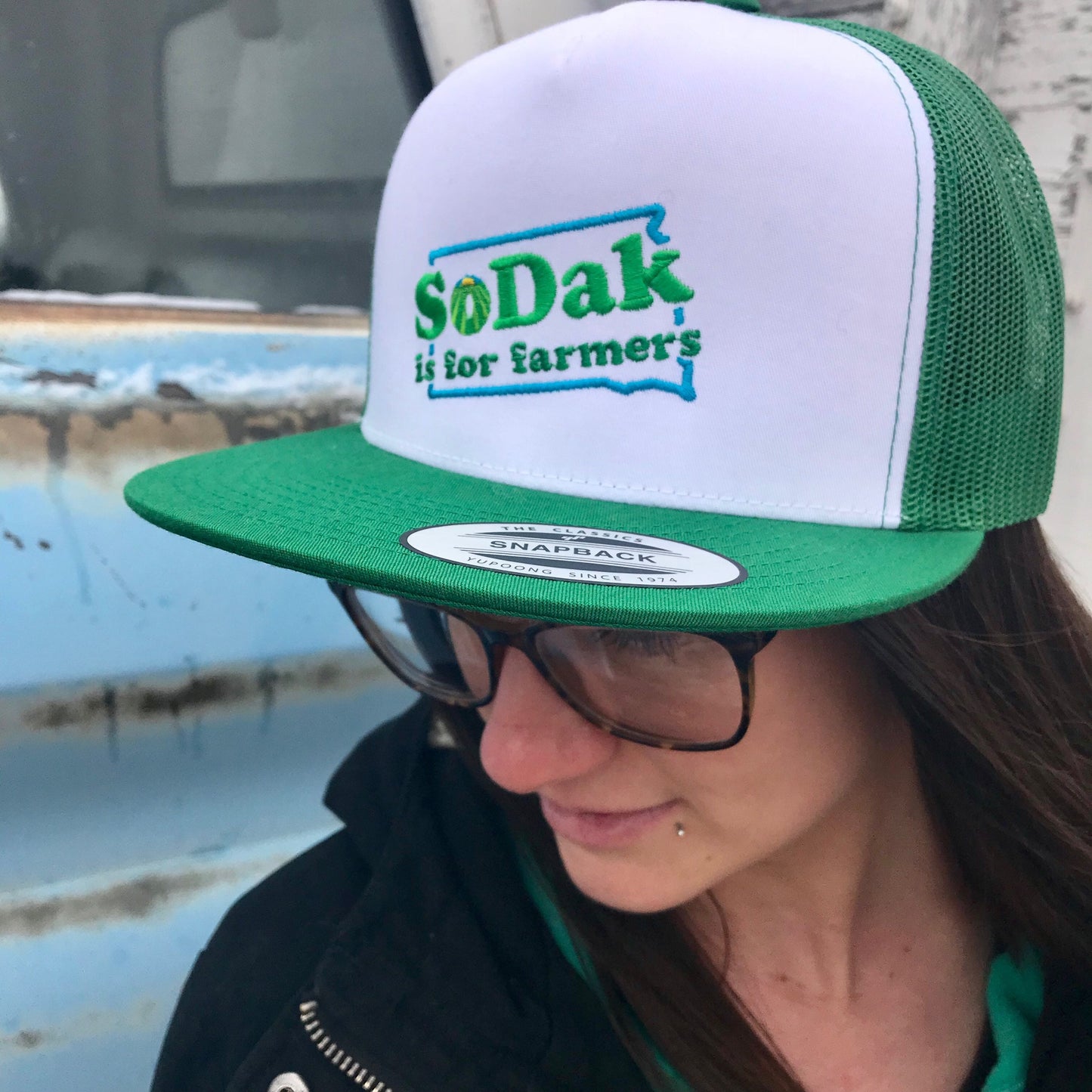 SoDak is for Farmers Green and White Embroidered Flatbill Cap