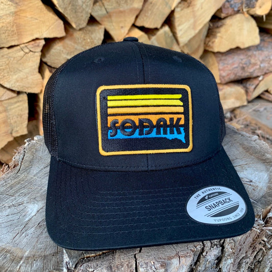 SoDak Sunset Black Trucker Cap by Oh Geez! Design