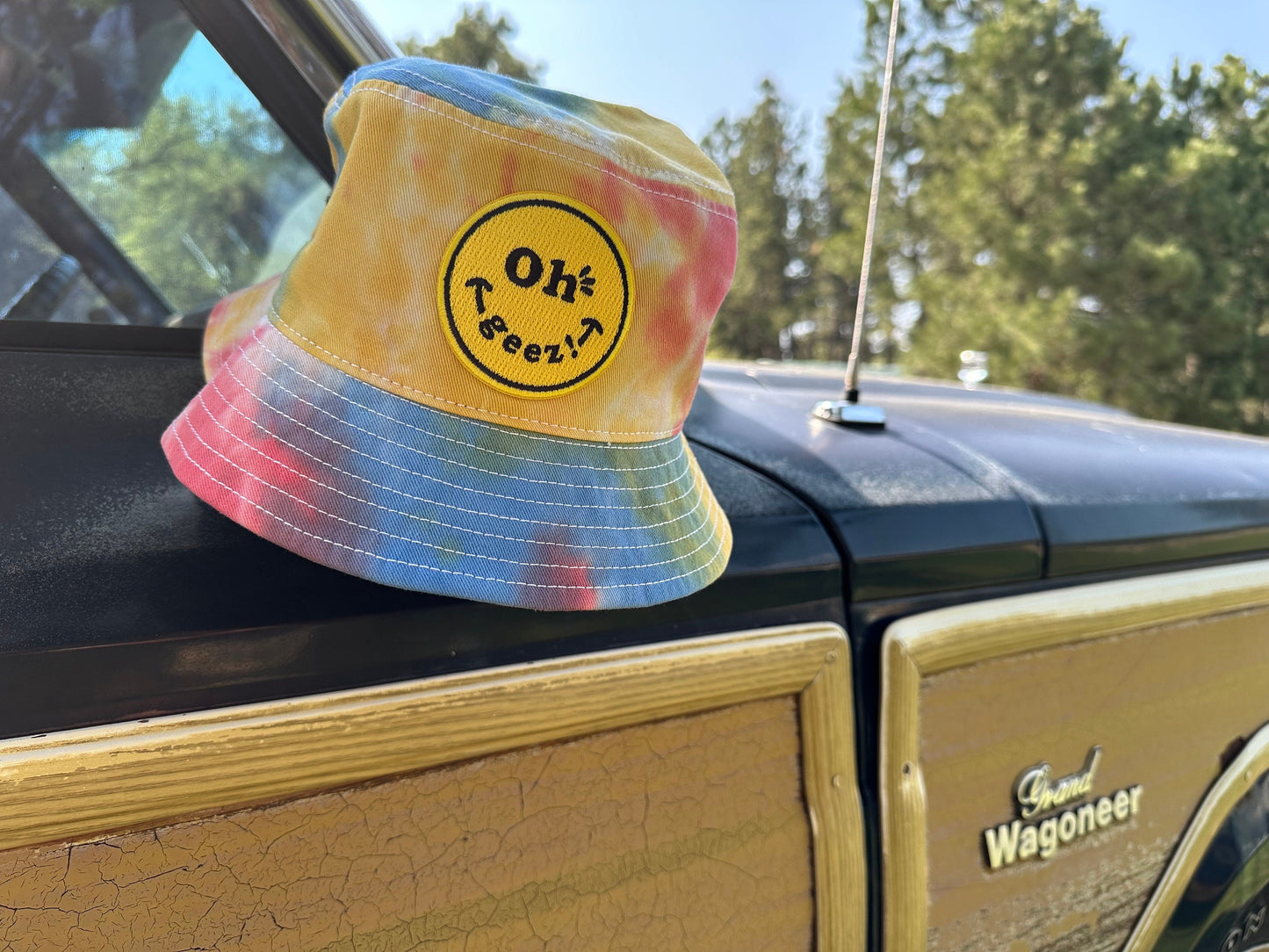 Oh Geez! Design Smiley Tie Dyed Bucket Hat