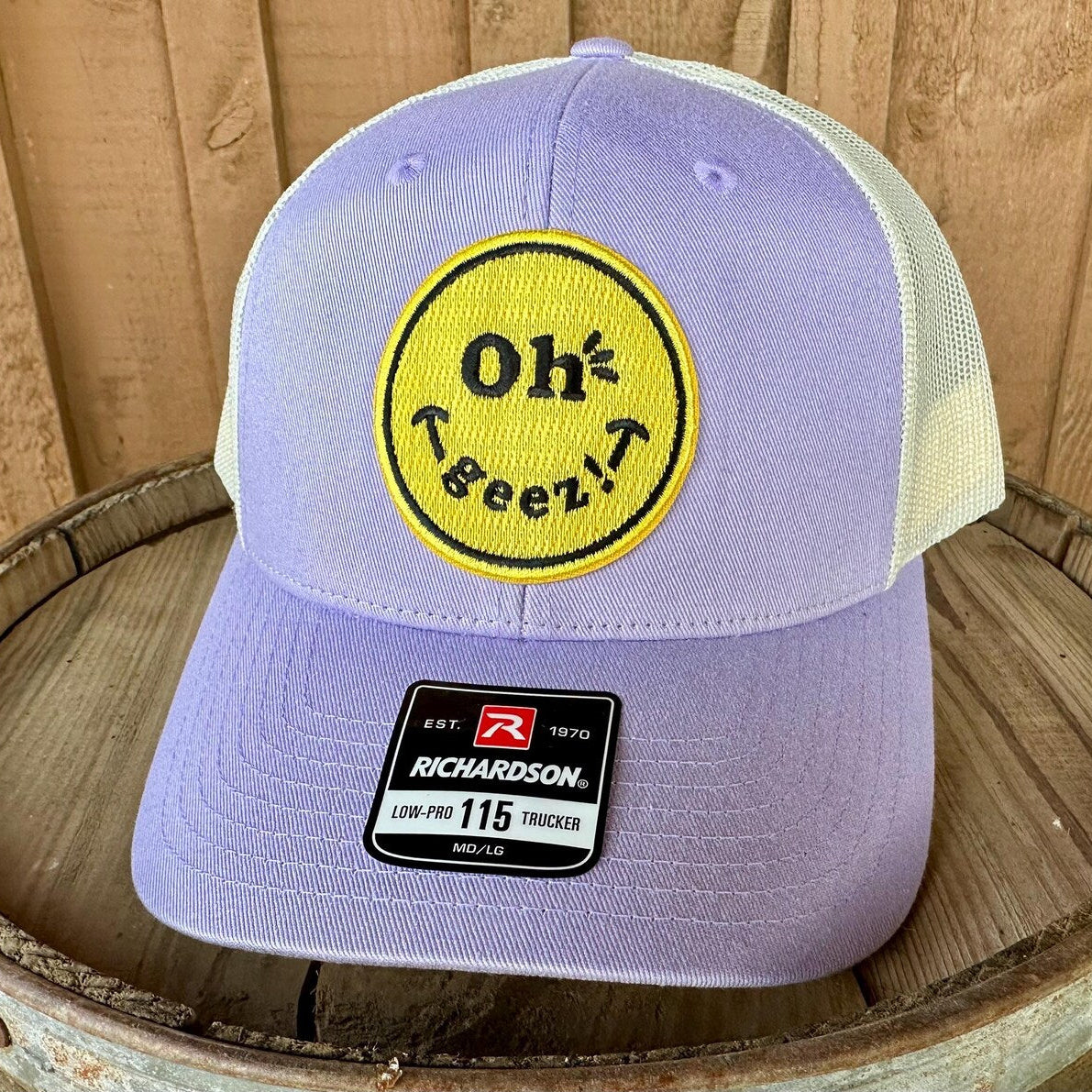 Oh Geez! Design Smiley Patch Lilac Trucker Hat
