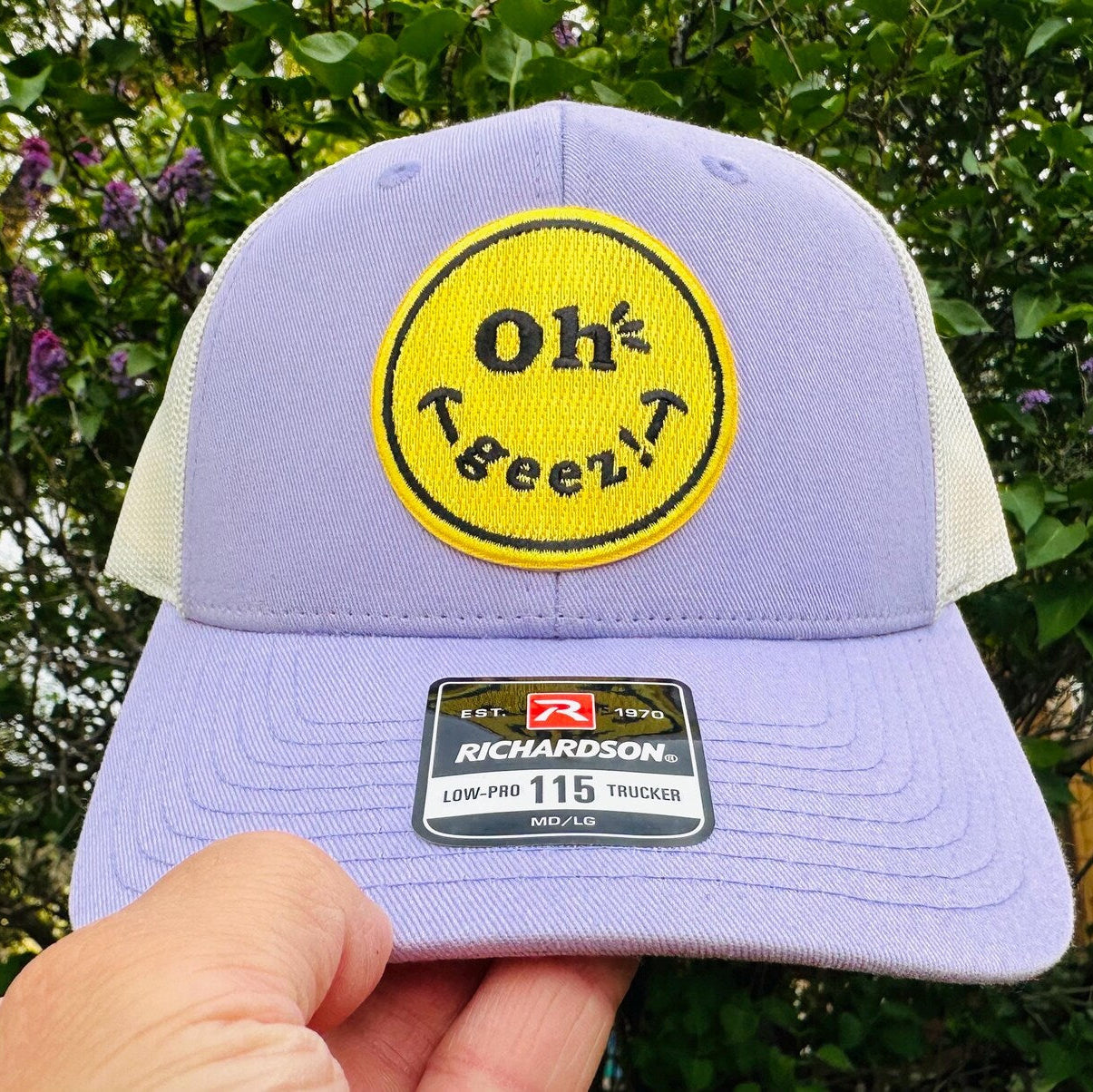 Oh Geez! Design Smiley Patch Lilac Trucker Hat