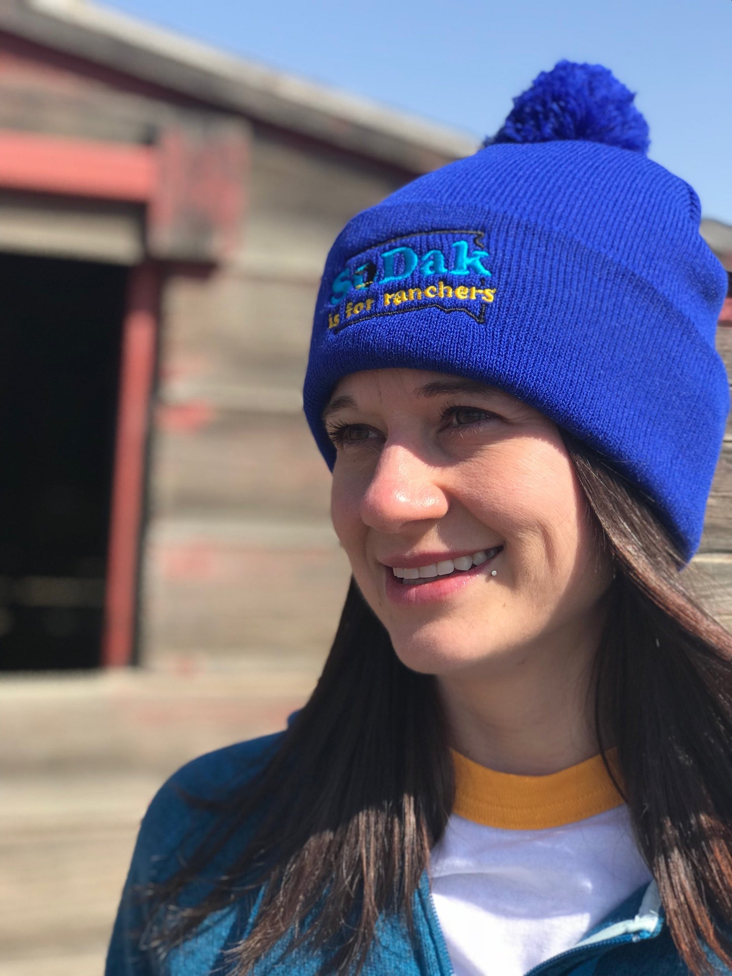 SoDak is for Ranchers Embroidered Blue Pom Pom Beanie
